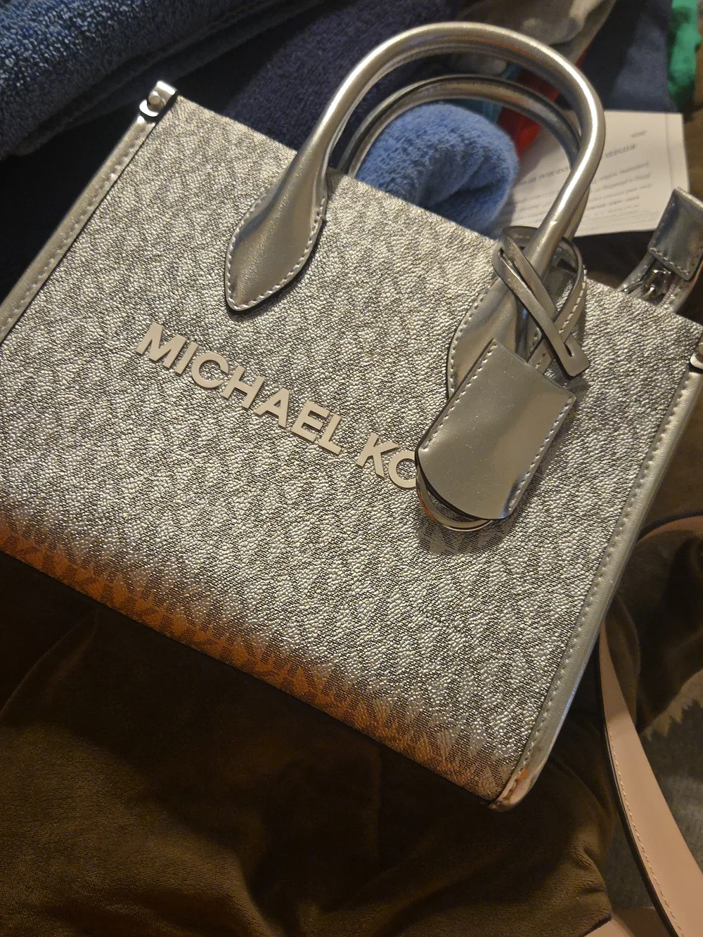 Michael Kors Metallic Silver Satchel with Logo